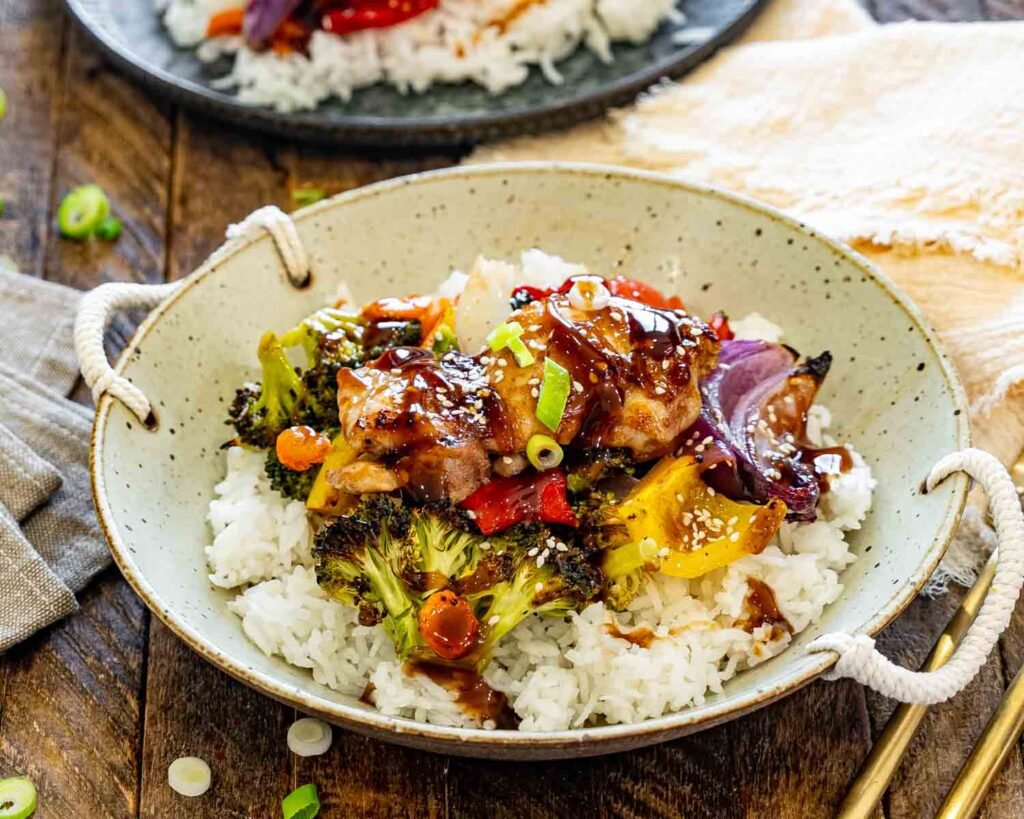 Sheet pan teriyaki chicken thighs with broccoli and peppers
