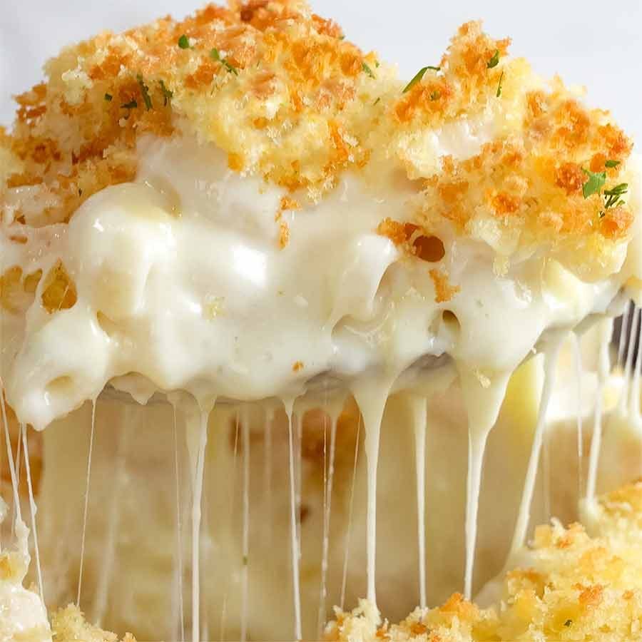 Baked mac and cheese with a crunchy breadcrumb topping