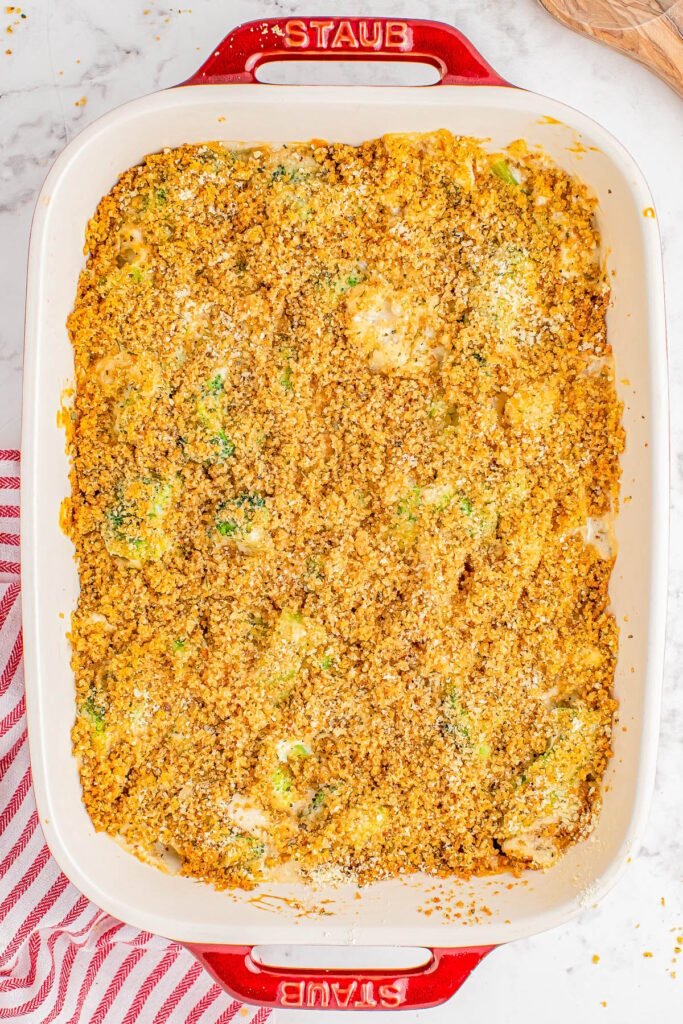 Creamy broccoli cauliflower casserole with breadcrumbs