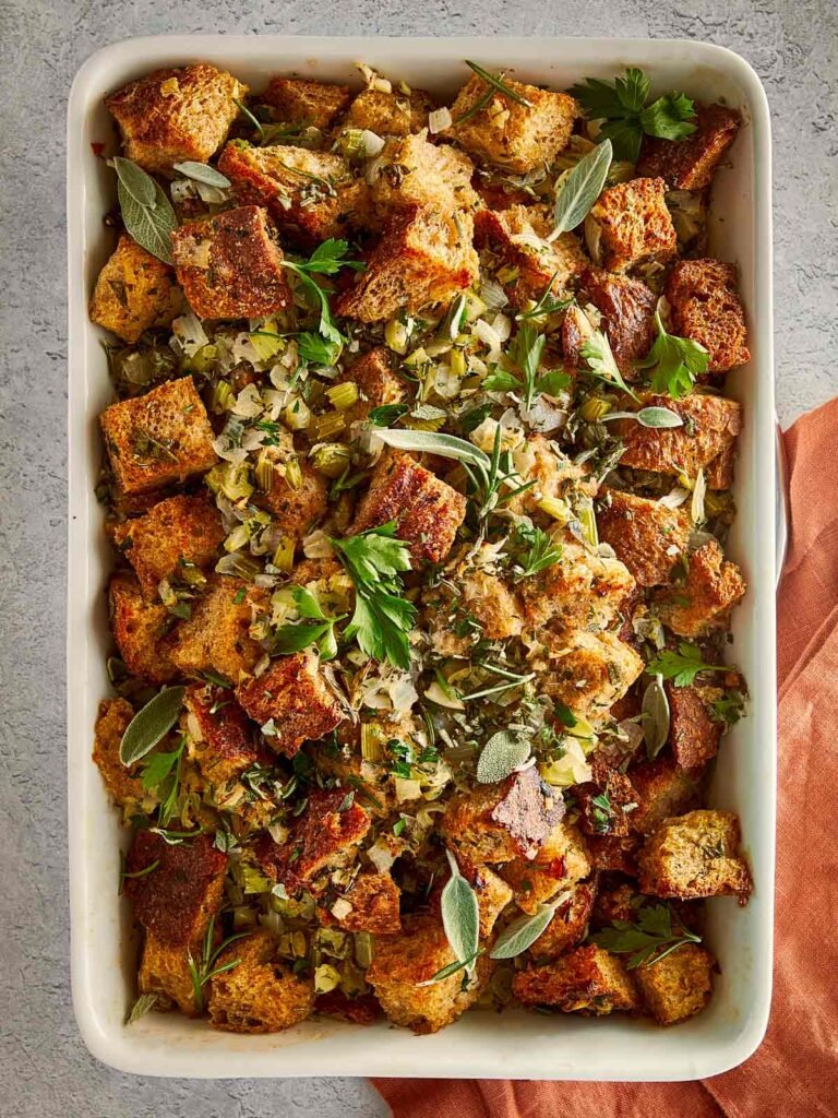 Homemade buttery herb stuffing baked until golden
