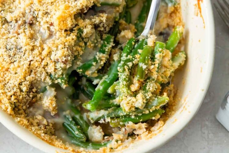 Green bean casserole from scratch with a crispy breadcrumb topping