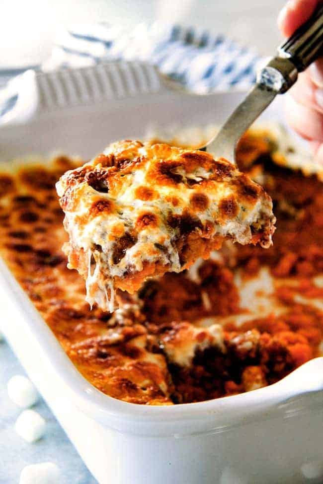 Sweet potato casserole with marshmallows and pecan topping
